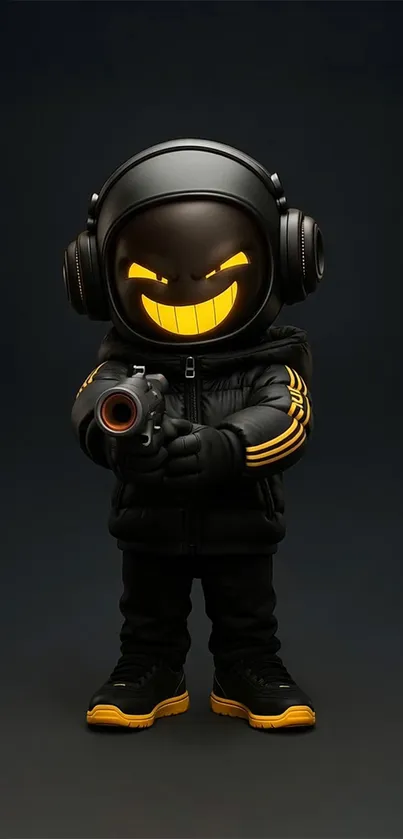 Futuristic character with glowing yellow features in a dark setting.