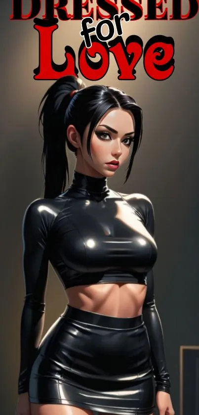 Futuristic fashion character in glossy black attire, stylish mobile wallpaper.