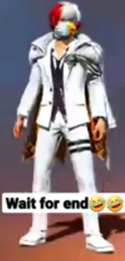 Gamer in white suit with mask on dynamic background.