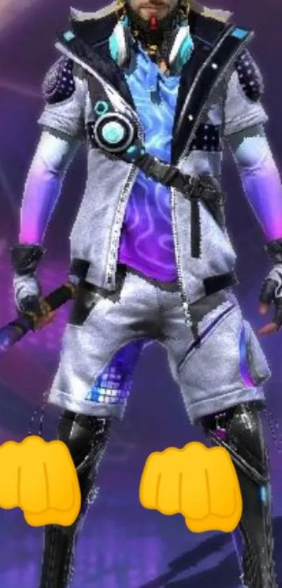 Stylish gamer with a futuristic look set against a vibrant purple backdrop.