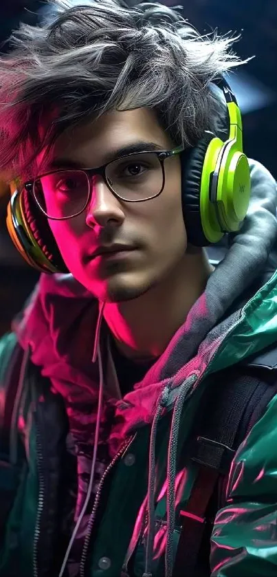 Youthful gamer with green headphones and trendy outfit.