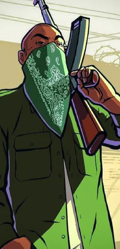 Stylish illustration of a cartoon gangster with a rifle, wearing a bandana.