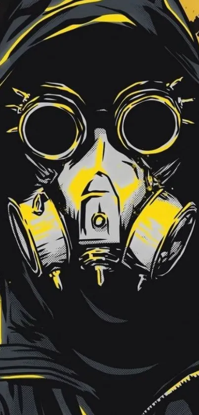 Gas mask illustration with black and yellow hues.