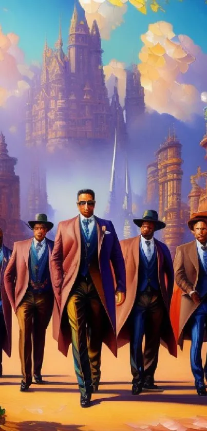 Stylish gentlemen in suits walking in a vibrant fantasy cityscape