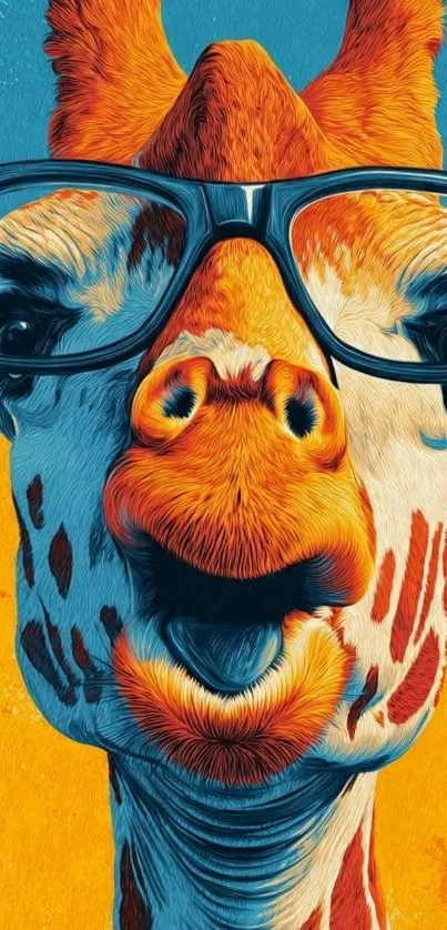 Illustrated giraffe wearing glasses on a vibrant background.