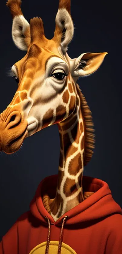 Stylish giraffe in red hoodie against dark backdrop on mobile wallpaper.