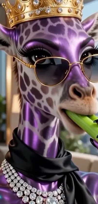 Stylish giraffe with crown, sunglasses, and jewelry.