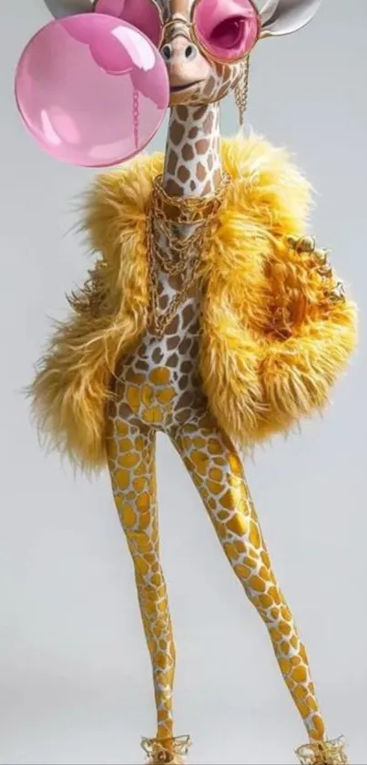 Giraffe in trendy outfit blowing bubblegum.
