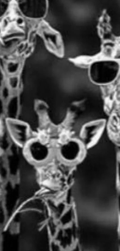 Three giraffes in sunglasses, black and white wallpaper.