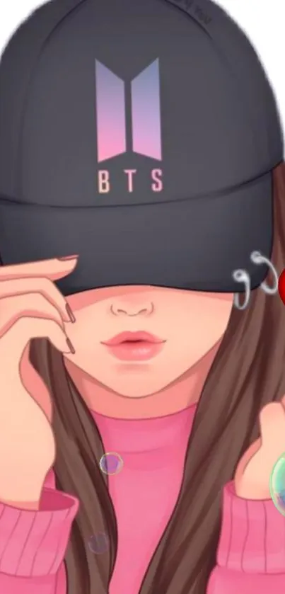 Artistic wallpaper of girl with BTS cap and heart.