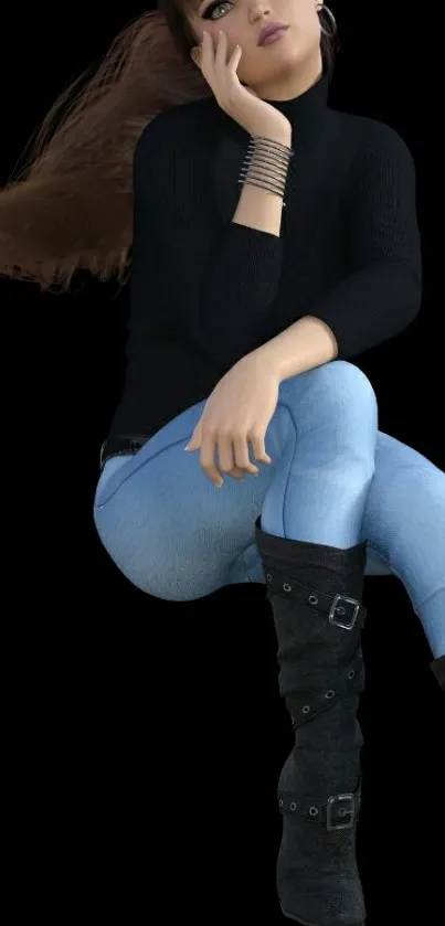 3D girl in a stylish black outfit with denim on a black background.