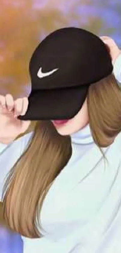 Artistic girl with cap on colorful gradient background.