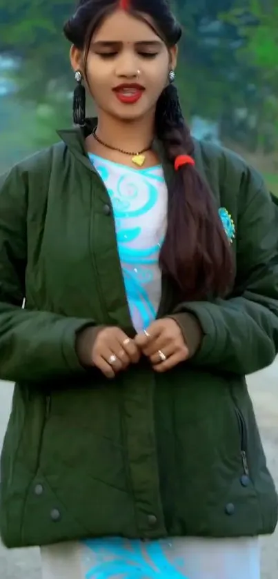 Girl in green jacket on country road.