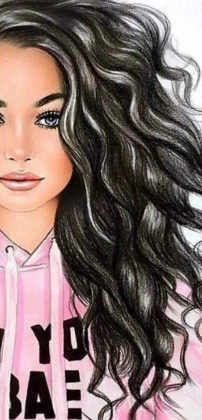 Artistic illustration of a fashionable girl in a pink hoodie with curly hair.