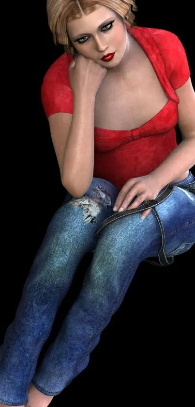 Stylish girl in red top and jeans on black background.