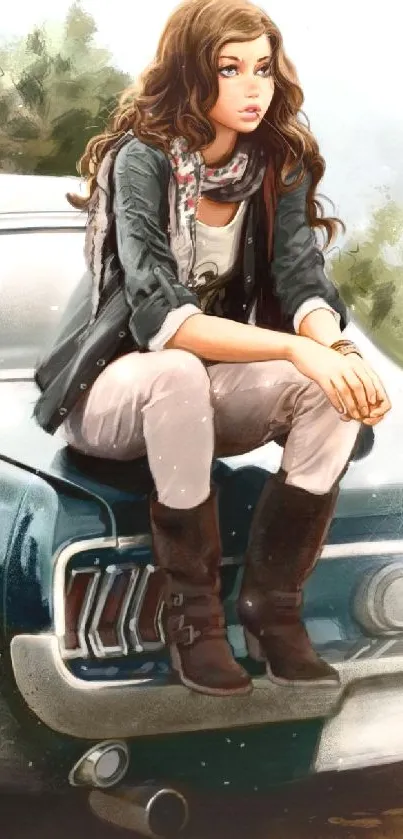 Girl sitting on classic car in stylish outfit.