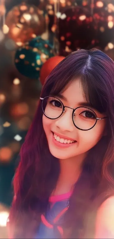 Portrait of a smiling woman with glasses against a bokeh background.