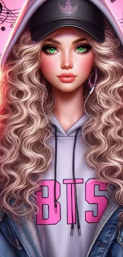 Vibrant 4K phone wallpaper of a stylish girl with curly hair and music theme.