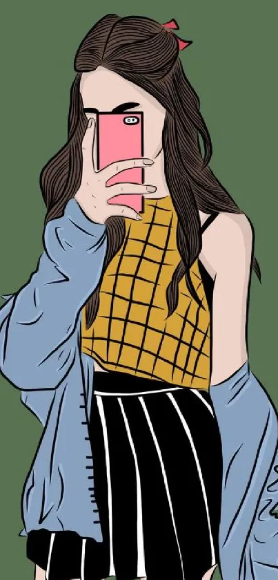 Stylish girl holding phone illustration on olive background.