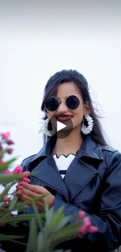 Girl in leather jacket with pink flowers.