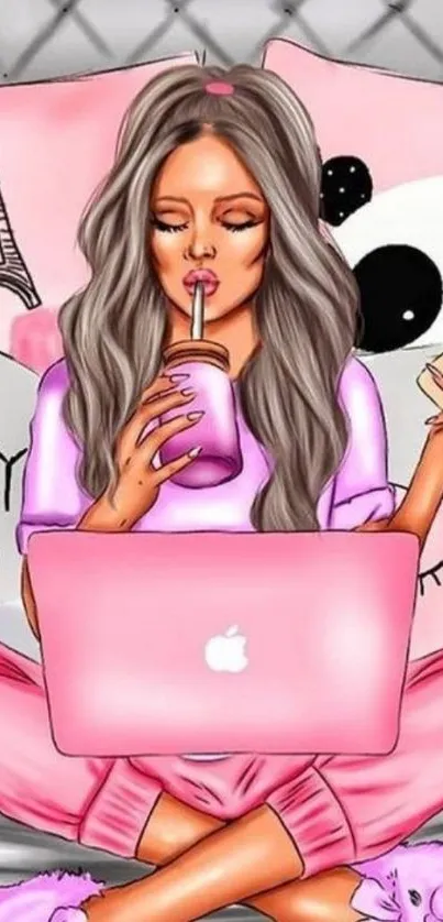 Stylish girl illustration with laptop in pink theme.