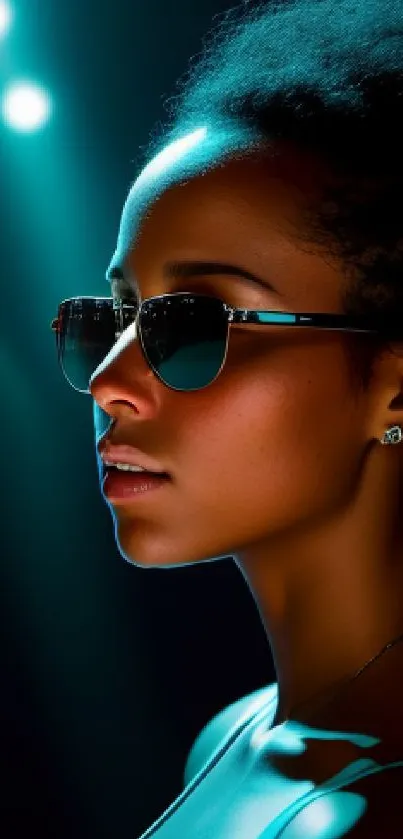 Stylish woman in sunglasses with neon blue light background.