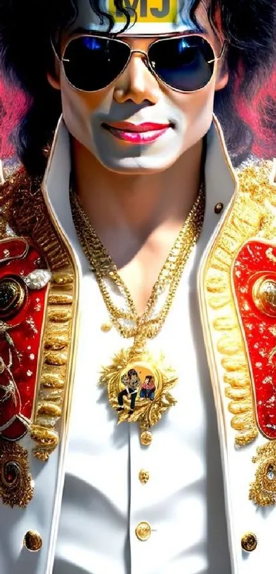 Stylish portrait with a gold jacket and intricate detailing.