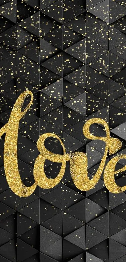 Gold 'Love' text on black geometric pattern wallpaper.