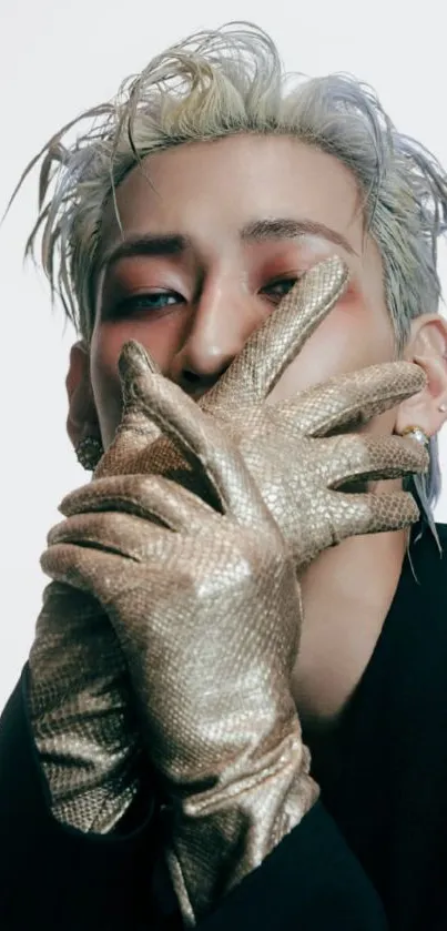 Portrait with golden gloves and stylish look.