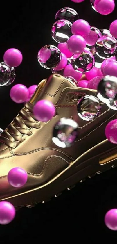 Golden sneaker with pink spheres on black background.