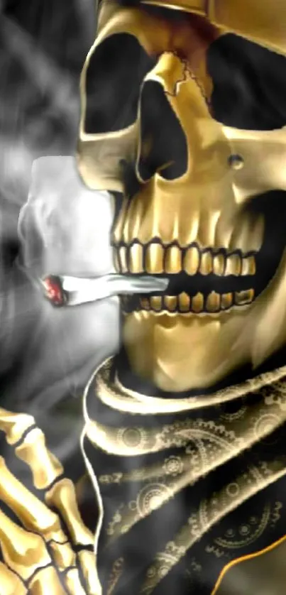 Golden skull with bandana and smoke on mobile wallpaper.