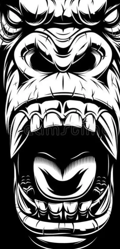 Gorilla face in striking black and white design on a mobile wallpaper.