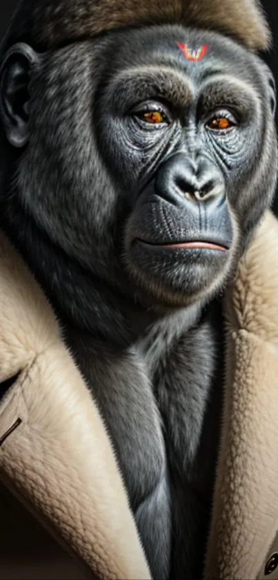 Stylish gorilla in a coat, perfect for a unique mobile wallpaper.