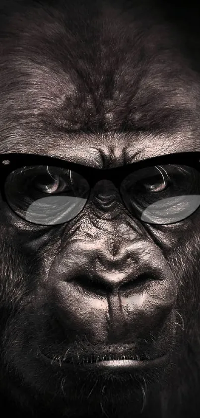 Gorilla wearing sunglasses on a dark background wallpaper.