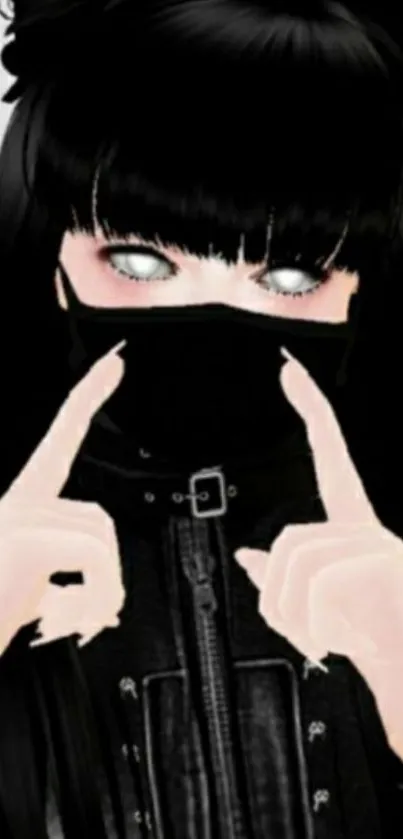 Gothic anime character in black attire with white eyes.