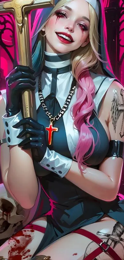 Gothic anime character with cross and skulls.