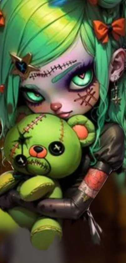 Gothic doll with neon green hair and teddy bear.