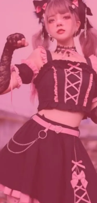 Gothic Lolita styled girl in pink outfit.