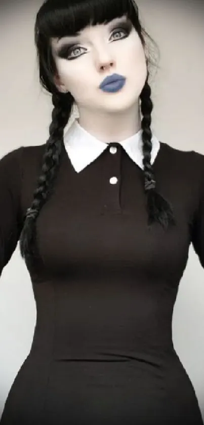 Gothic portrait with black dress and braided hair.