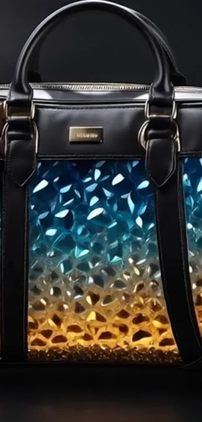Elegant handbag with blue and gold gradient design.