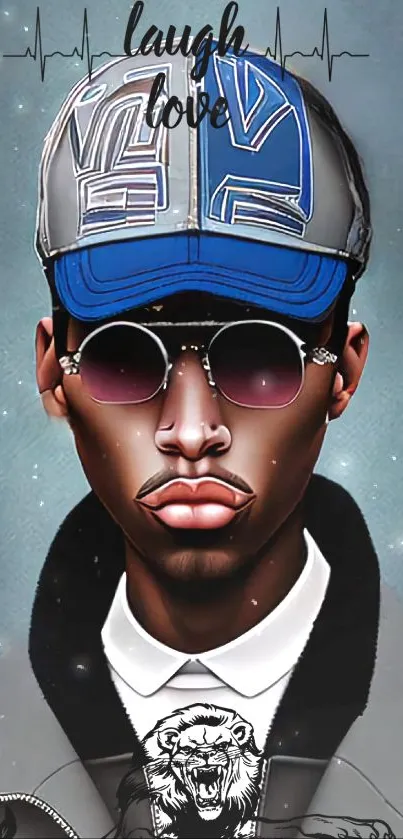 Graphic art wallpaper featuring a stylish figure with sunglasses and a cap.