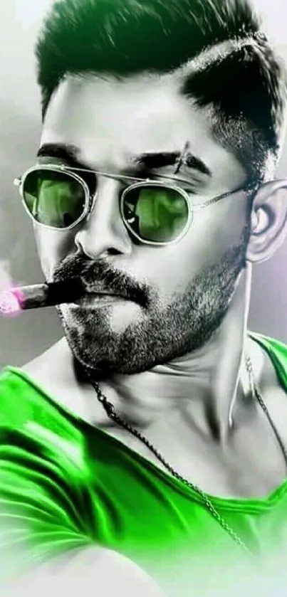 Stylish man wearing green with sunglasses and a cigar, mobile wallpaper.