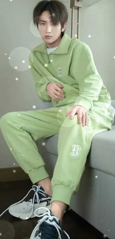 Person in stylish green loungewear sitting casually on a sofa.