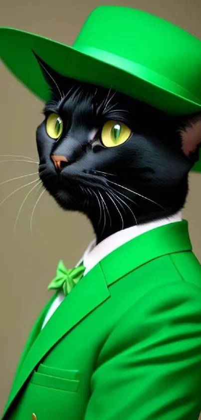 Black cat in green suit and hat mobile wallpaper.