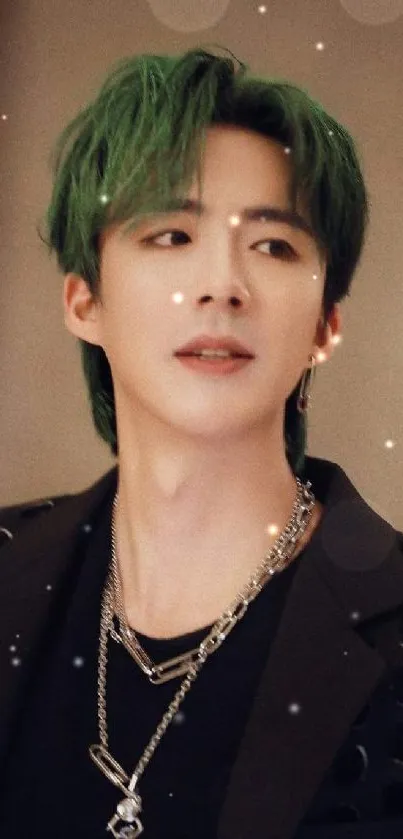 Trendy portrait with green hair and layered necklaces.