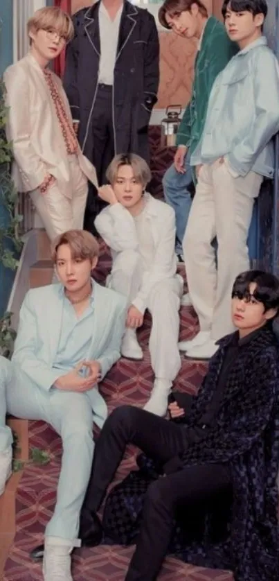 Stylish group sitting on staircase in fashionable outfits.