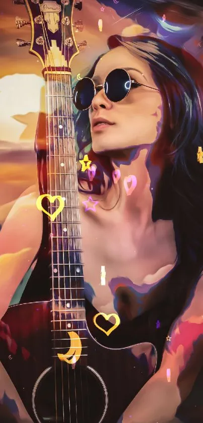 Artistic wallpaper of a woman with a guitar and sunglasses in vibrant sunset hues.