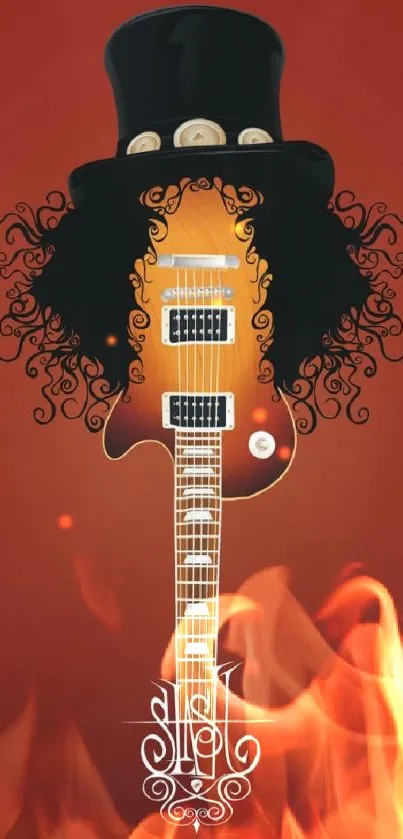 Stylized guitar with a top hat on a brown background wallpaper.