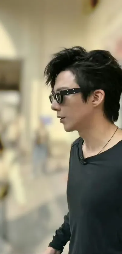 Man in black shirt with stylish sunglasses on a blurred urban street.