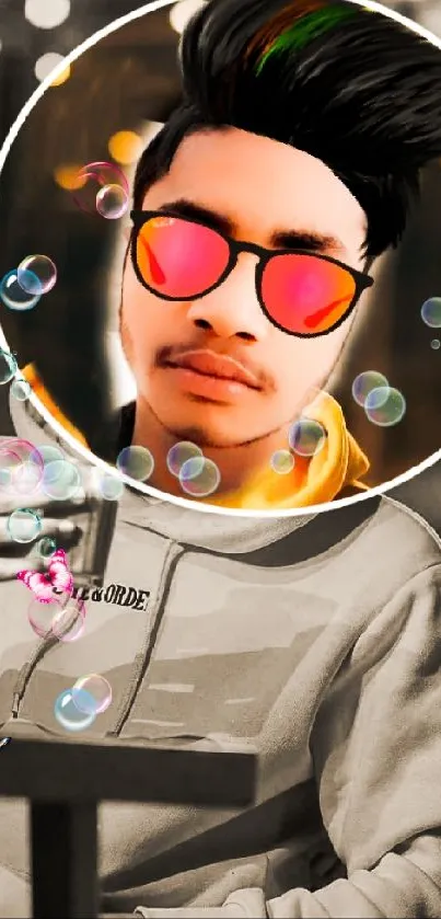 Mobile wallpaper of a stylish young man with bubbles and vibrant colors.